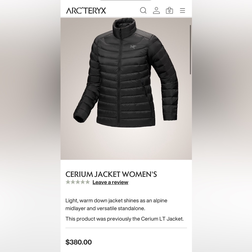 Arc'teryx cerium Women's Black Puffer Jacket NWT